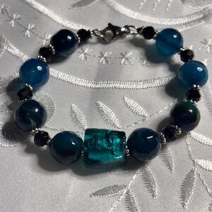 Handmade Teal Blue Black and Silver Beaded Bracelet 7.5 inches